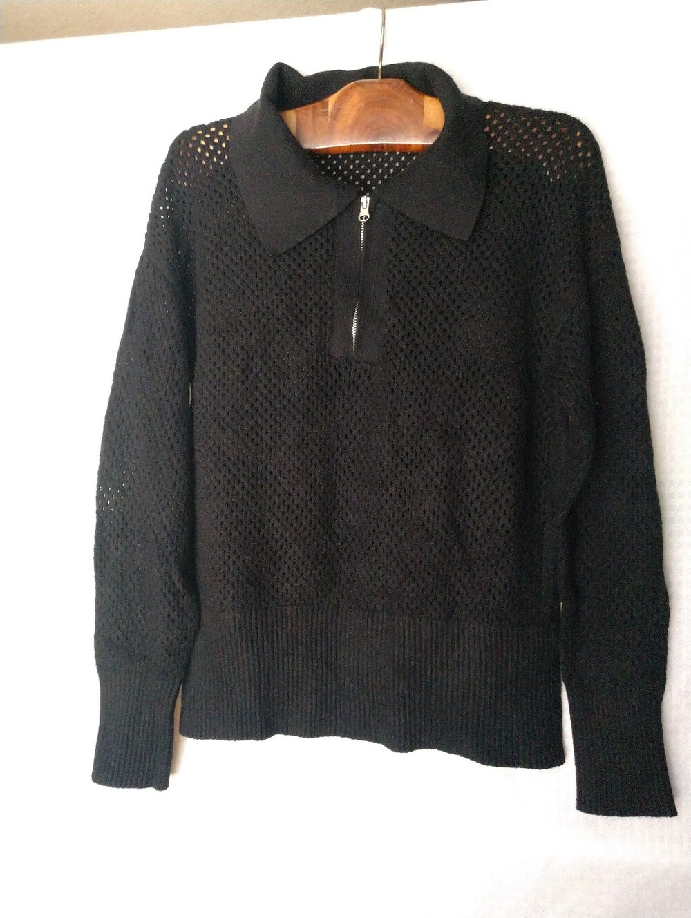 Black Sweater Open Weave Sheer 1/4 Zip Size Large